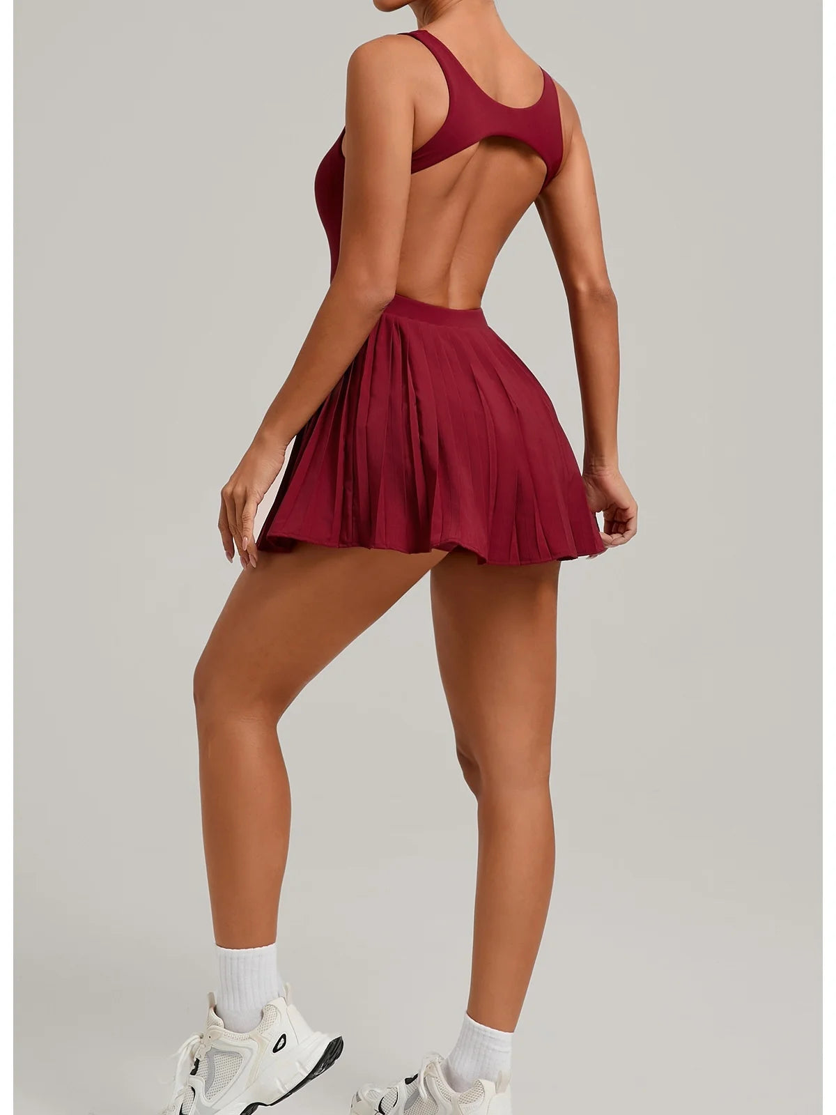 New Large Backless Tennis Dresses Women Solid Color Sleeveless Glare Pleated Yoga Skirt with Pocket Shorts Running Fitness Dress