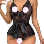 Sexy See Through Lingerie Woman Lace Transparent Underwear Bodysuits Deep V Neck Ruffle Hem Satin Bow Sheer Mesh Teddy Body Suit