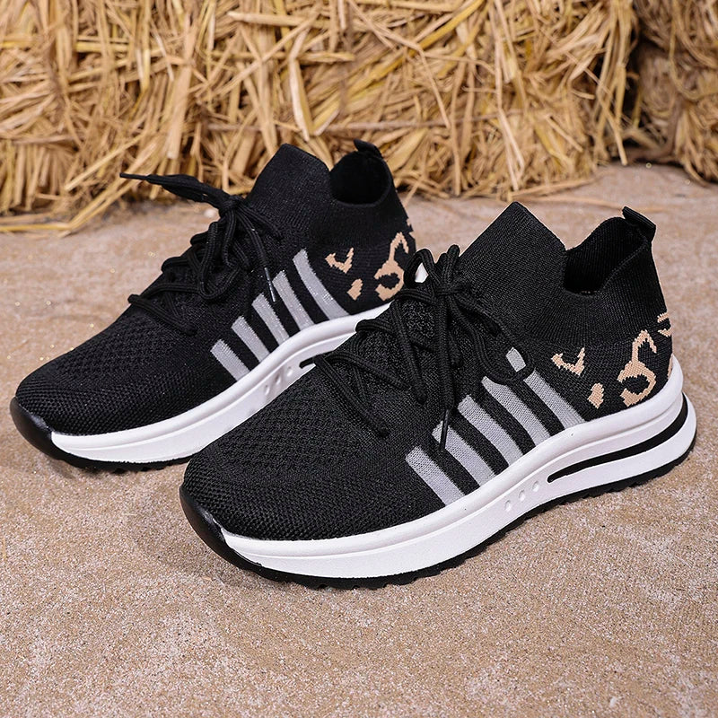 2026 Hollow Out Breathable Sneakers Women Plus Size Printed Thick Sole Walking Shoes Woman Comfortable Knitted Flats Female