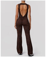 Sexy Brown Leopard Print Yoga Jumpsuit Women Hollow Out Backless Sleeveless Slim Gym Running One Piece Flare Pants Sports Suit