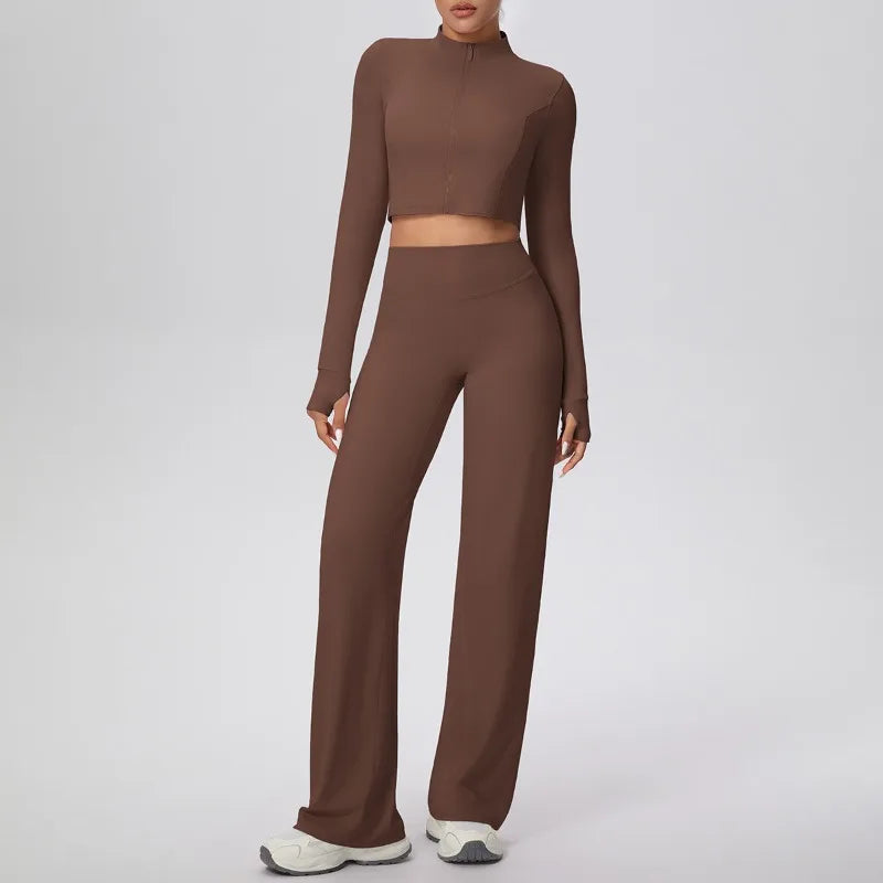2 Pcs Women's Seamless Yoga Set Long-sleeved Wide-leg Pants Tracksuit Fitness Sports Set High-waisted Hip-lifting Slim-fit Suit