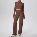 2 Pcs Women's Seamless Yoga Set Long-sleeved Wide-leg Pants Tracksuit Fitness Sports Set High-waisted Hip-lifting Slim-fit Suit