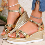 Luxury Golden Open Toe Wedge Sandals Women Summer Fashion Buckle Strap High Heel Sandals Woman Crystal Platform Women\'s Slides