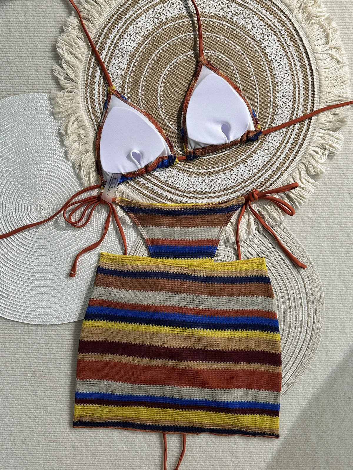 Sexy Coffee Striped Knitted Bikinis Sets 2026 Women Holiday Drawstring Side Skirt 3 Piece Swimsuit Summer Bathing Suit Swimwear