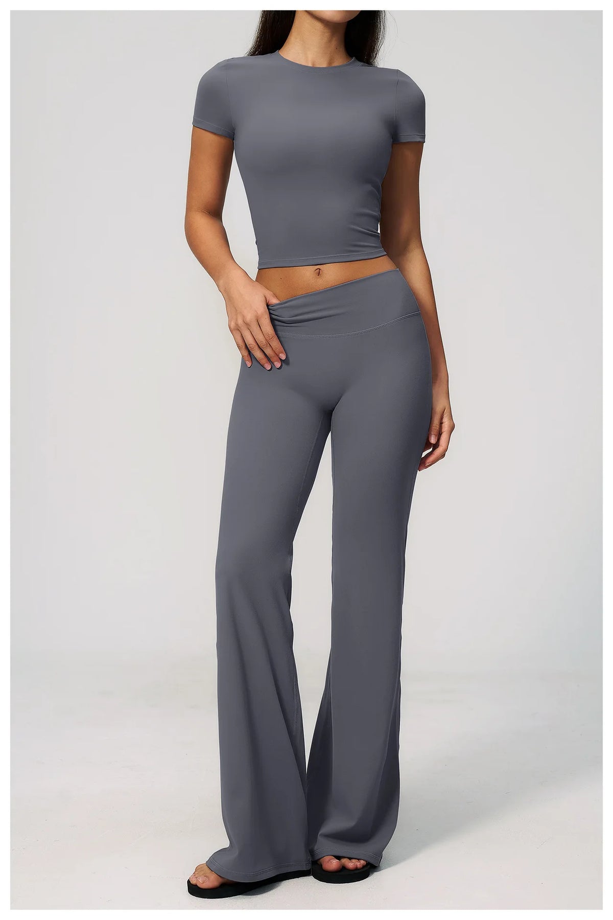 Creamy 2 Pieces Workout Suit Women Yoga Outfits Short Sleeve O Neck Slim Sports T Shirts High Waist Flare Pants Gym Fitness Sets