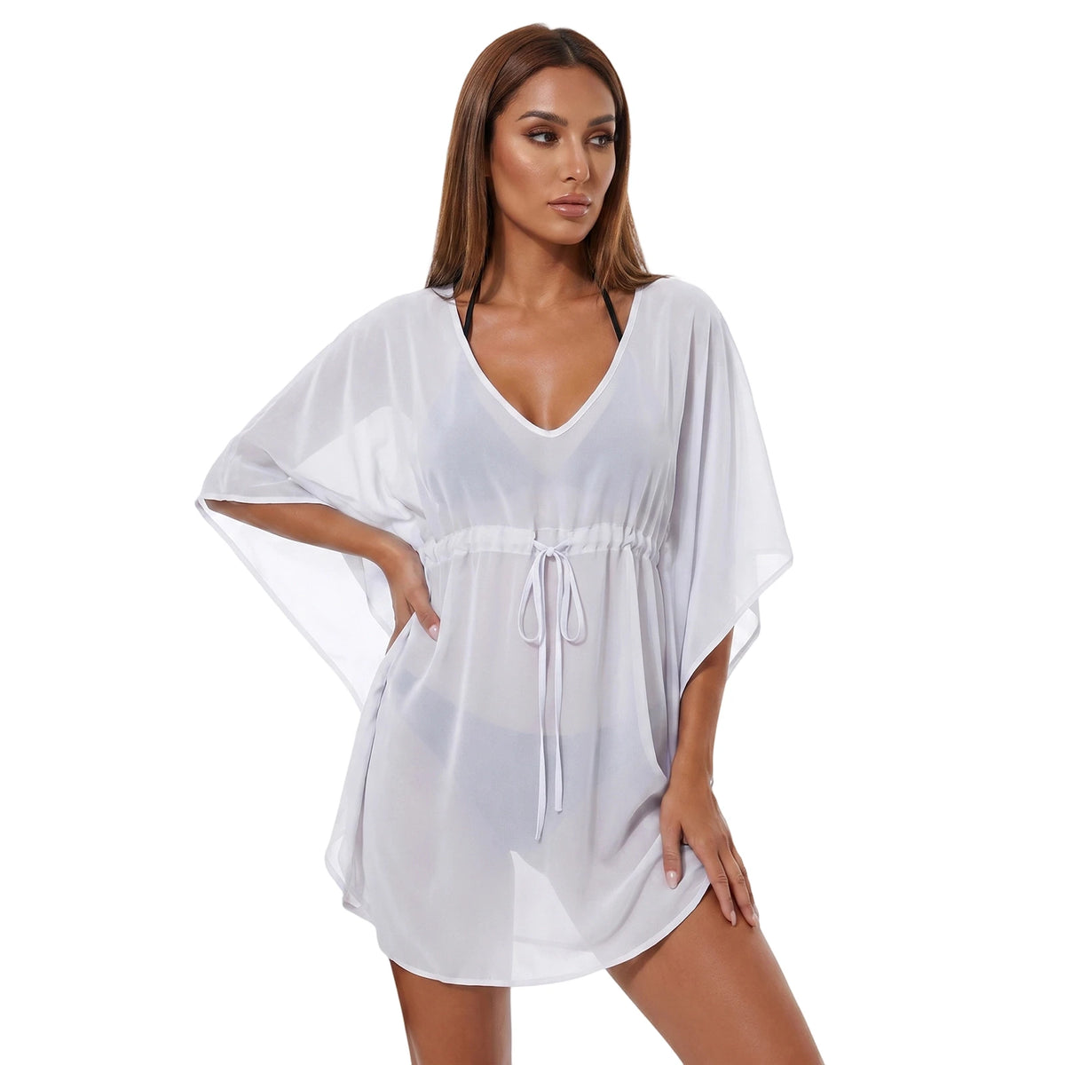 Women Mesh Sheer Swimwear Cover-ups Loose Fit Solid Color Short Sleeve Mini Dress for Beach Pool Casual Bikini Cover Ups Summer