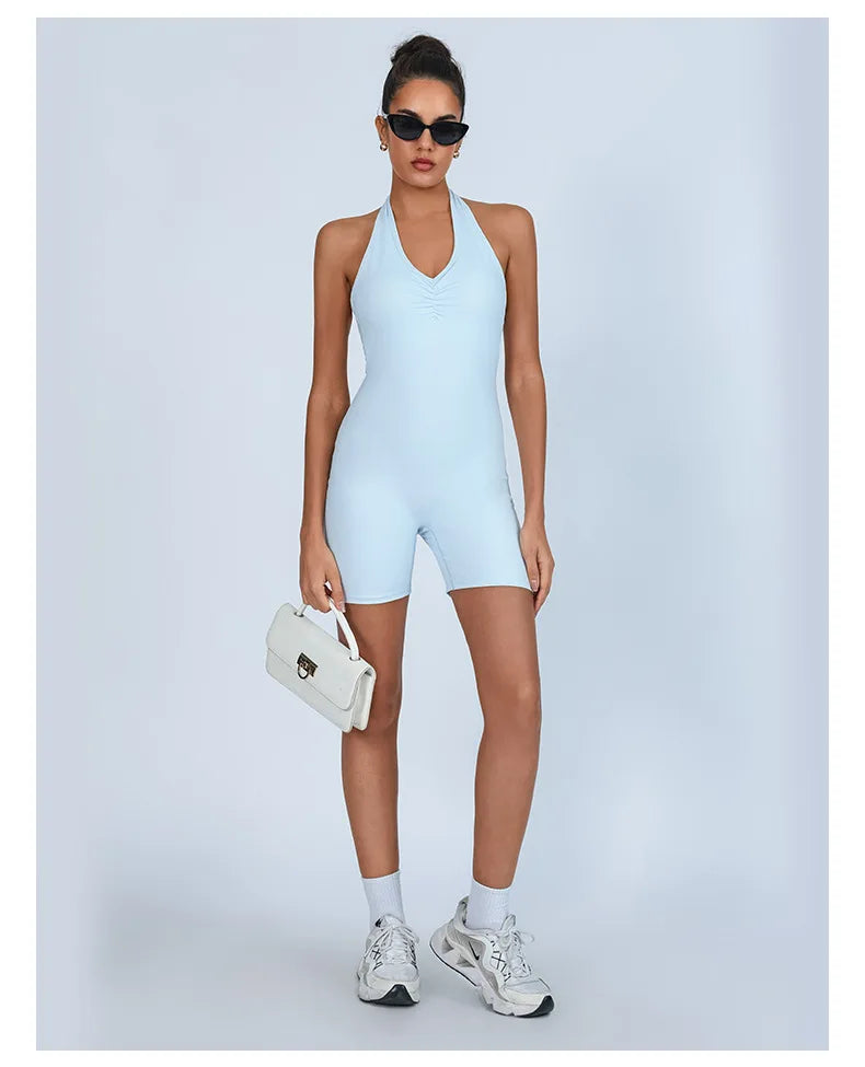 Summer Yoga Jumpsuit Back Hollow Out Bandage Pleate Pocket Shorts Sports One Piece Suits Butt Lifting Fitness Workout Bodysuit