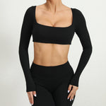 Women Crop Tops Yoga T-shirts Solid Sports Top Long Sleeve Running Shirts Quick Dry Fitness Gym Sport Gymwear