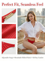 Women Red Thong Sexy G-string Rhinestone Chain Breathable Ribbed Fabric Low Rise Perfect Fit No Panty Lines Lingerie C2351