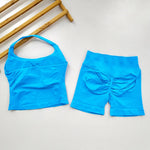 Yoga 2 Pieces Gym Set Women Backless Halter Tops High Waist Seamless Shorts Gym Suit Fitness Sports Bras Sportswear Workout Sets
