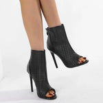 Big Size 42 Sexy Black Hollow Out Summer Boots Women Chic Peep Toe Thin High Heels Zip-up Ankle Boots Party Shoes