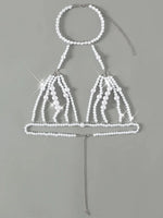 Luxury Pearls Chain Halter Hollow Out See Through Bikini Top Female Swimsuit Women Swimwear Bather Bathing Suit Swim Beach Top