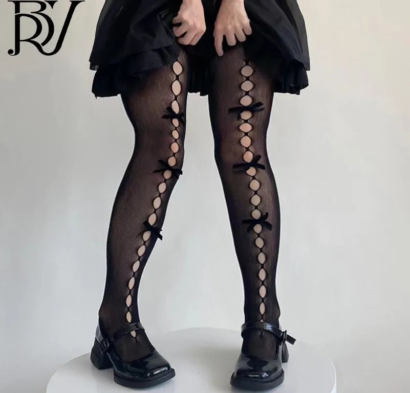 Lolita Bowknot Fishnet Stockings For Women Charming JK Fishnet Stockings White Pantyhose Sexy Hollow Out Pantyhose Elegant SC2U