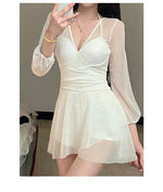 Swimsuit Women's Summer New One-piece Skirt Style Slimming Lace Long Sleeved Small Chest Steel Support Hot Spring Swimsuit