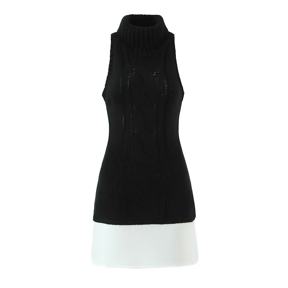 Women's Fashion Patchwork Knitted Dress Knit Sleeveless Dress Bodycon Fit With Contrast Black Hem Cozy Winter Mini Dress CR01