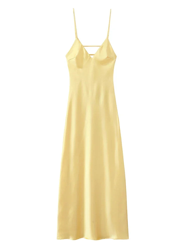 Foridol V Neck Backless Satin Long Dress Women Sexy Beach New in Maxi Summer Dress Spaghetti Strap Yellow Party Vestidos 2025