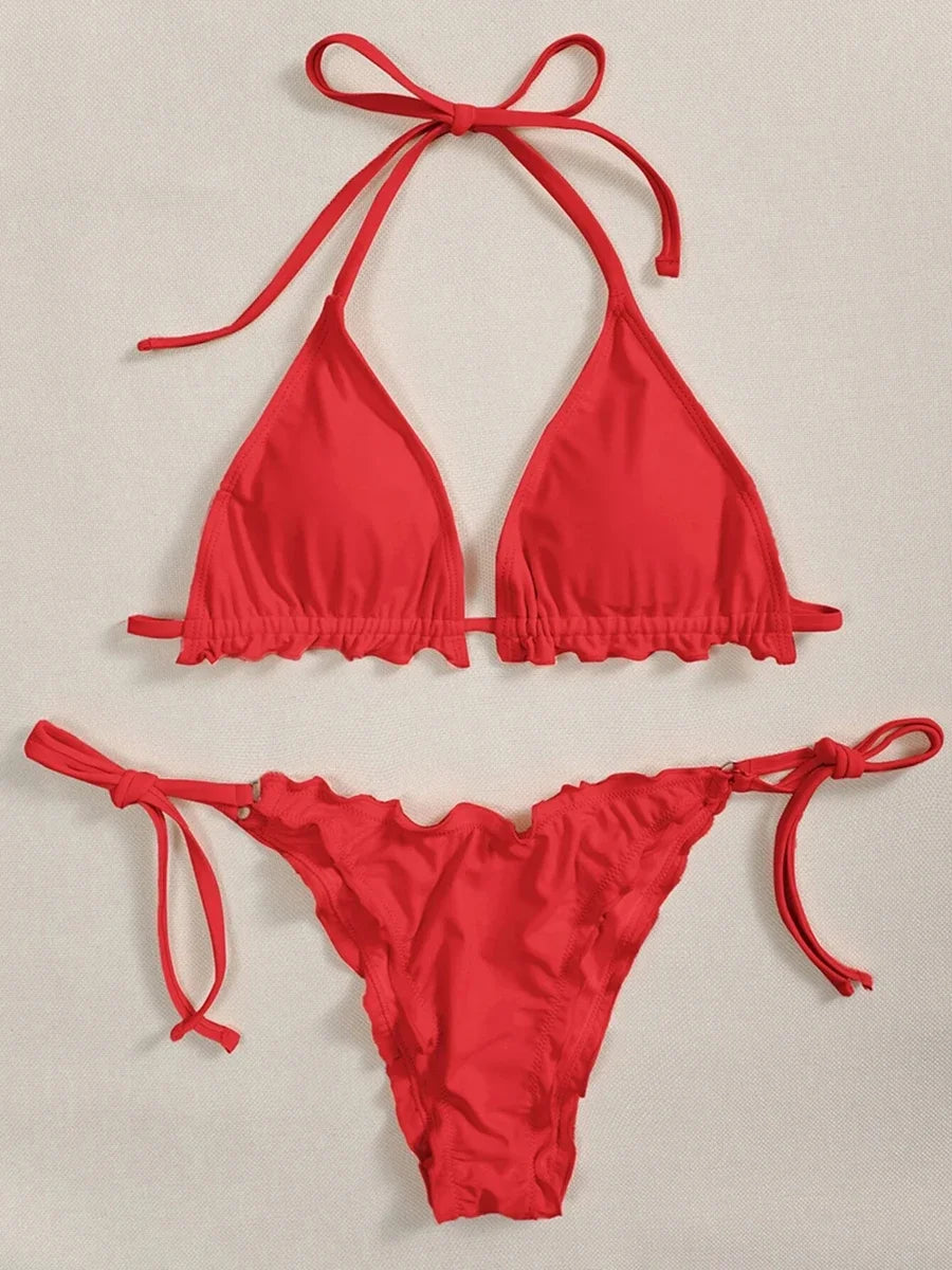 Halter String Ruffled Frilled Bikini 2026 Women Swimsuit Female Swimwear Two Pieces Bikini Set Padded Bather Bathing Suit Swim