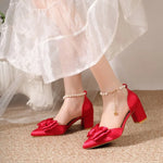 2026 New Pointed Toe Pearl French Heels Block Heel Bow Single Shoes Red Wedding Shoes