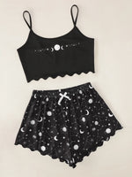 Summer Pajamas Set Women's Sleepwear Star Moon Printed Sleeveless Sling Crop Tops and Shorts Set Homewear Loungewear Pijama