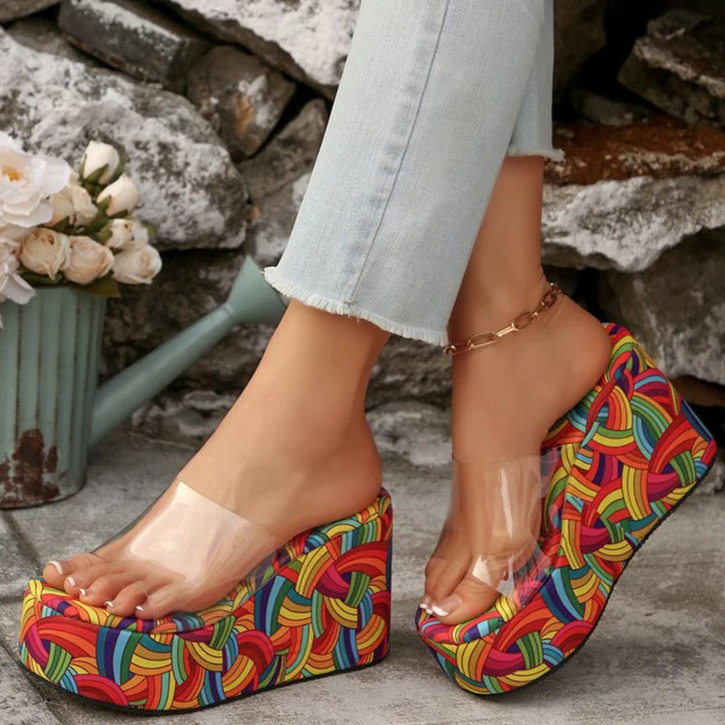 Summer Transparent Platform Heels Slippers for Women Mixed Color Wedge Slippers Woman Outdoor Open Toes Woman Slides