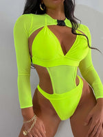 Neon Long Sleeve High Cut Out Women Swimwear One Piece Swimsuit Female Mesh Monokini Bather Bathing Suit Swim Lady Beachwear