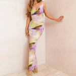 Folds Print Spaghetti Strap Slim Long Dresses Women Fashion Sexy Low Cut Package Hip Bodycon Party Dress Trendy Streetwear New