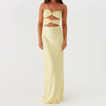 Women's Fashion Elegant Hollow Out Tube Dress Strapless Twist Front Solid Color Bodycon Summer Party Club Long Dresses