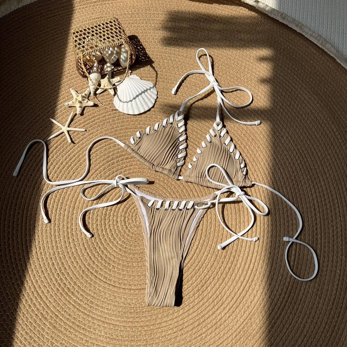 2025 Halter Wrinkled Weave Bikini Women Swimwear Female Swimsuit Two Pieces Bikini Set Brazilian Bathing Suit Swim Beach Wear