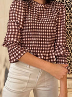 Women Fashionable Casual Round Neck Smocked Bubble 3/4 Sleeve Tops Summer Fall Plaid Print Ruffled T-shirts