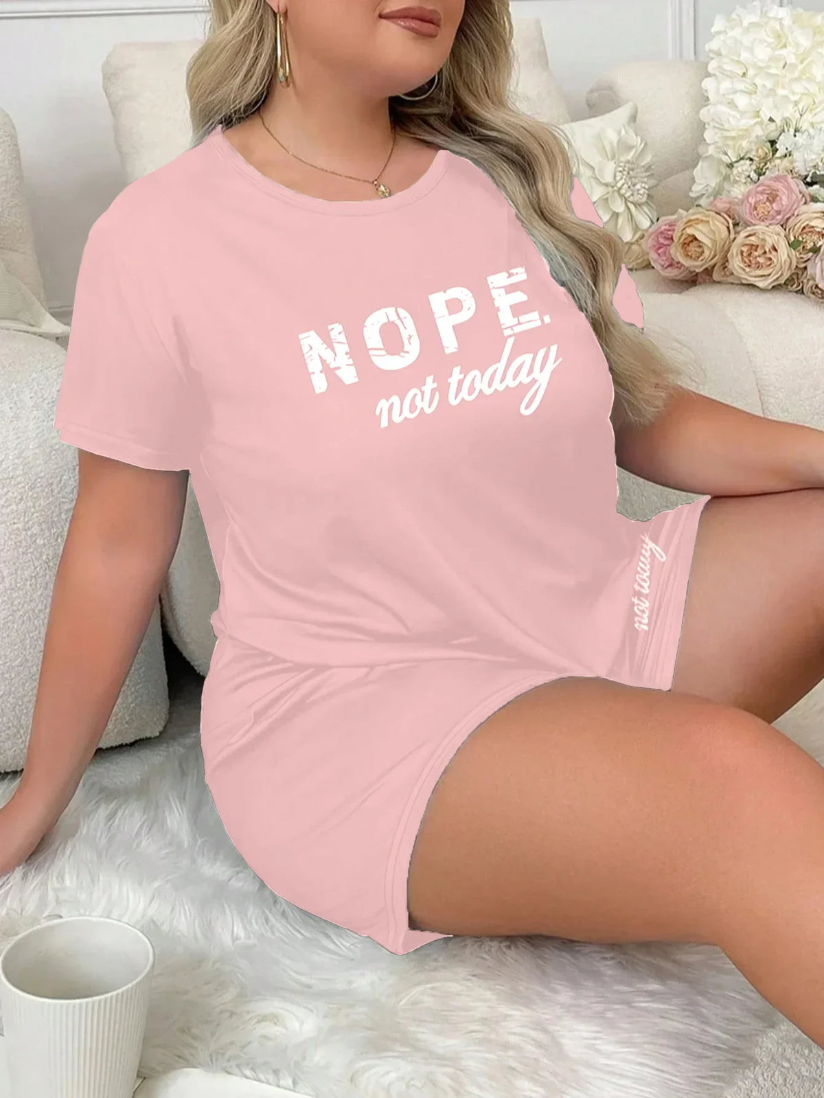 Plus Size 3XL 4XL 5XL Casual Loungewear Letters Print Pajamas Set Women's Short Sleeve Tee And Elastic Shorts Homewear