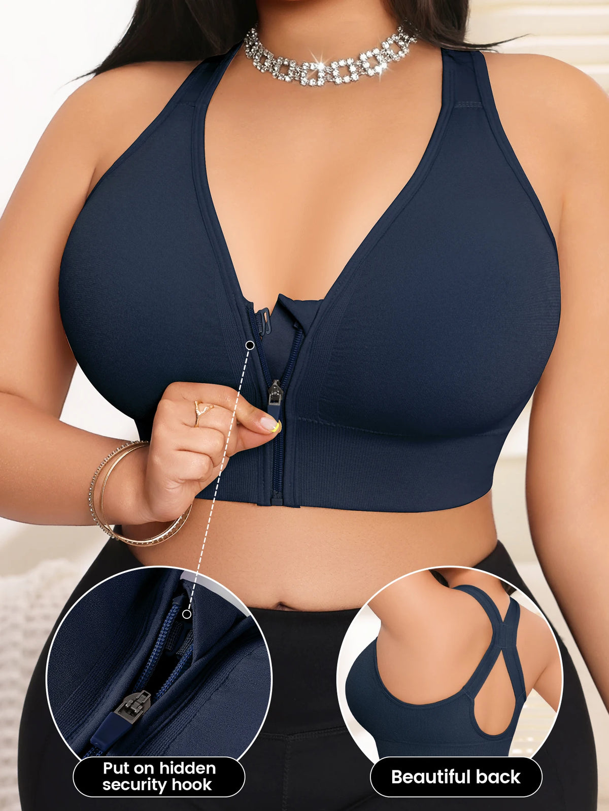 Women's Bra Plus Size Zip Front Yoga Sports Bra, X-Back Wirefree Removable Pads 1XL-4XL