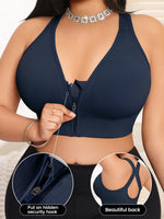Women's Bra Plus Size Zip Front Yoga Sports Bra, X-Back Wirefree Removable Pads 1XL-4XL