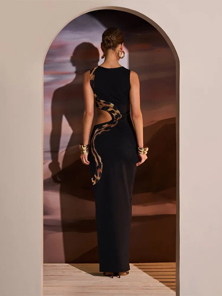 Snake Print Cut Out Slim Long Dress Women Fashion Sexy Package Hip Bodycon Slit Sleeveless Dresses Club Party Vestidos 2025 New