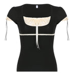 Women Summer T-shirt Lace Patchwork Square neck Short Sleeve Tee Tops Casual Retro Kawaii Y2K Aesthetic Shirts