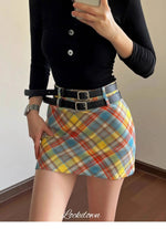 Plaid Double Waistband A-line Short SkirtWomen American Style Street High Waist Casual Collision Color Wrap Hip Skirt OJR7