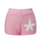 Women Slim Fit Stylish Decorative Starfish Ribbed Elastic Mid Rise Shorts Spring/Summer Holiday Beach Casual Knit Shorts