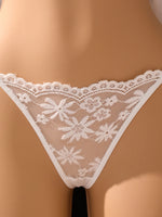 Pure white wedding-style lace net gauze nightgown set-French deep V cross straps sheer sexy pajama thong set for women ZA825096