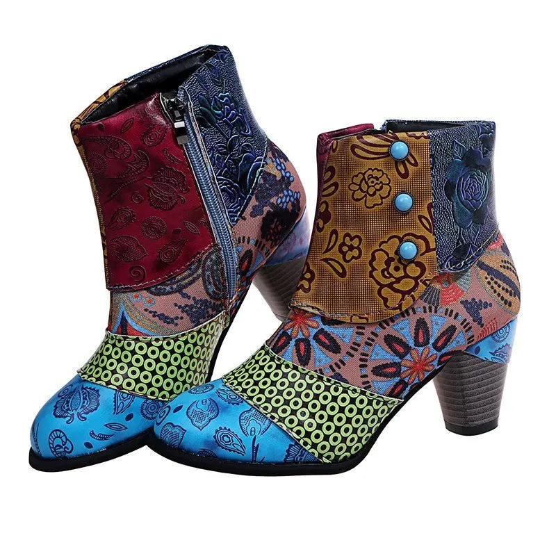 Ankle Boots Women Autumn PU Women's Shoes Ethnic Waterproof Casual Vintage Shoes Zipper High Heel Short Boots Botas Mujer