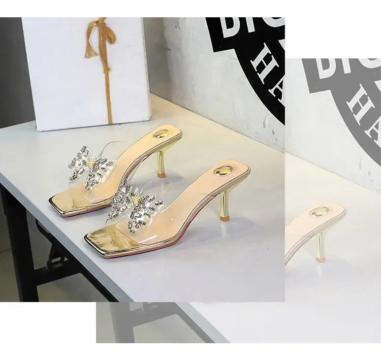 BIGTREE New Crystal Slippers Shoes Women Fine High Heels Transparent Sandals Female Slippers Sexy Outside Beaded Beach Shoes