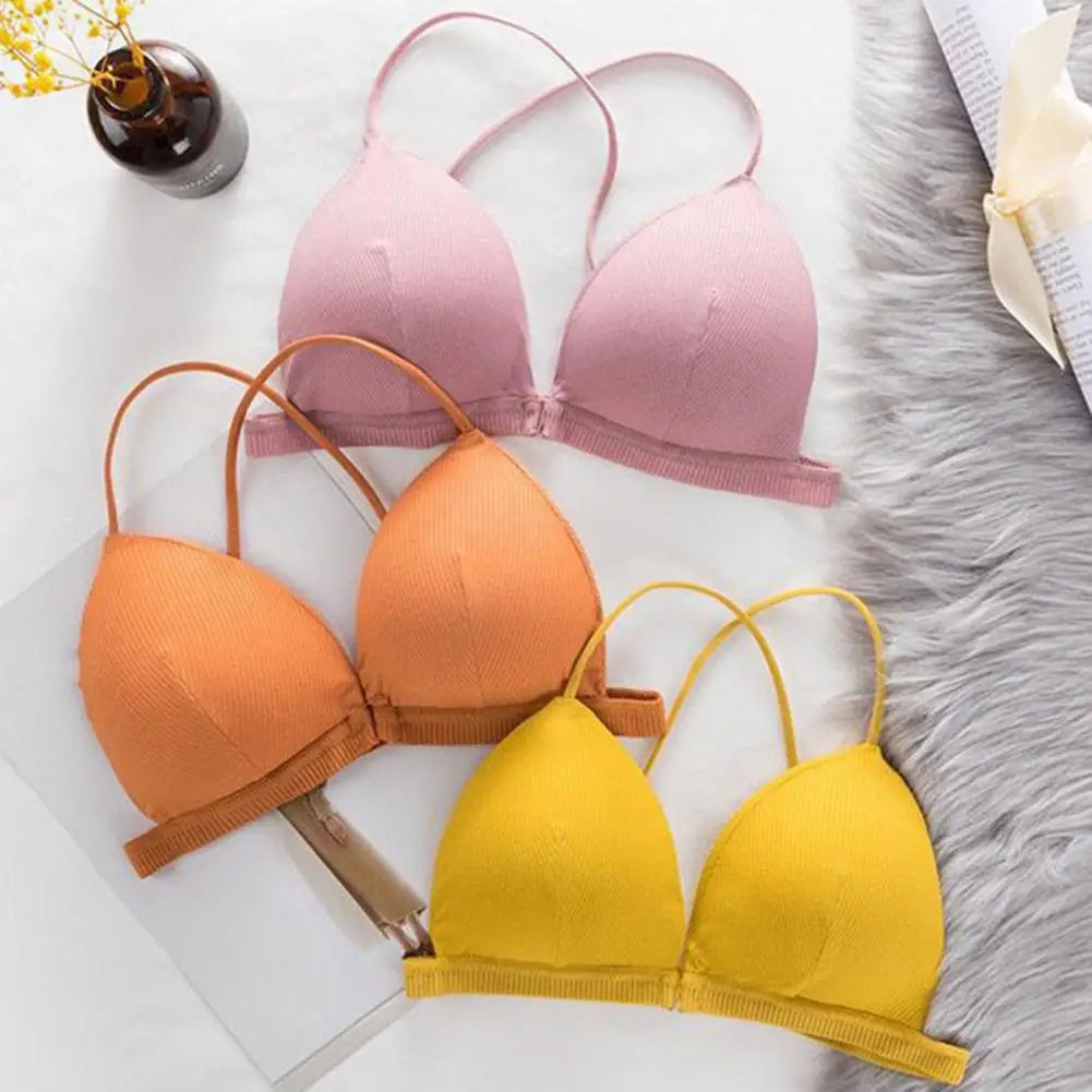 Women Simple Bra Triangle Cup Thin Straps Wrapping Chest Front Buckle Wireless Ribbed Bra Sexy Sports Cross Back Bra