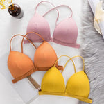 Women Simple Bra Triangle Cup Thin Straps Wrapping Chest Front Buckle Wireless Ribbed Bra Sexy Sports Cross Back Bra