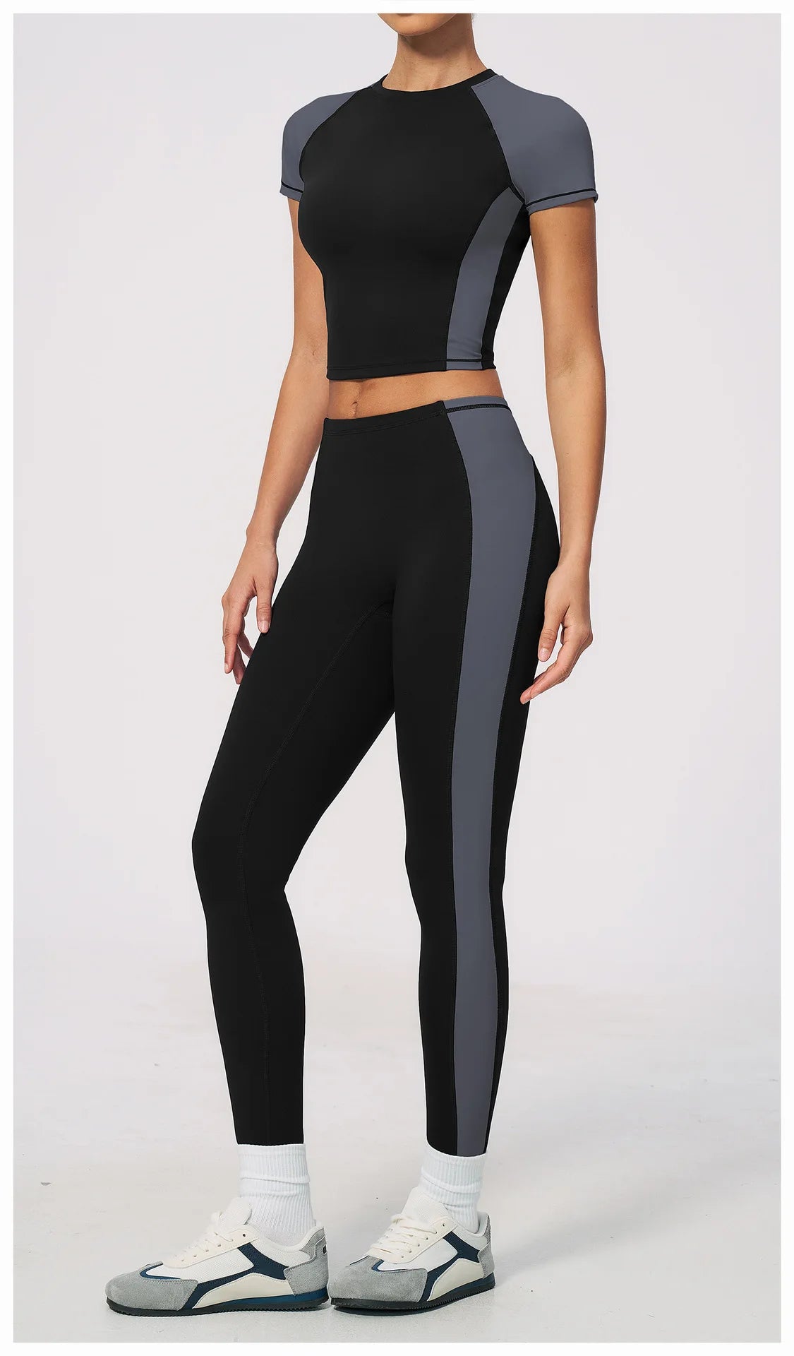 Nake Yoga Set Women's Tracksuit Color Contrast Short Sleeve Slim Sports T Shirts High Waist Leggings Fitness Clothes Gym Outfits