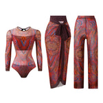 S - XXL 3PCS New Printed Long Sleeve With Pants Sarong Women Swimwear One Piece Swimsuit Female Bather Bathing Suit Swim K7180