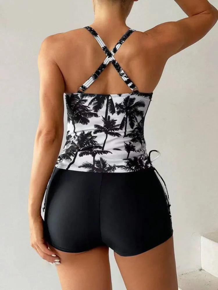 High Waist Swimwear Women 2025 New Two Pieces Swimsuit with Shorts Coconut Palm Print Tankini Set Summer Bathing Suit Trunks