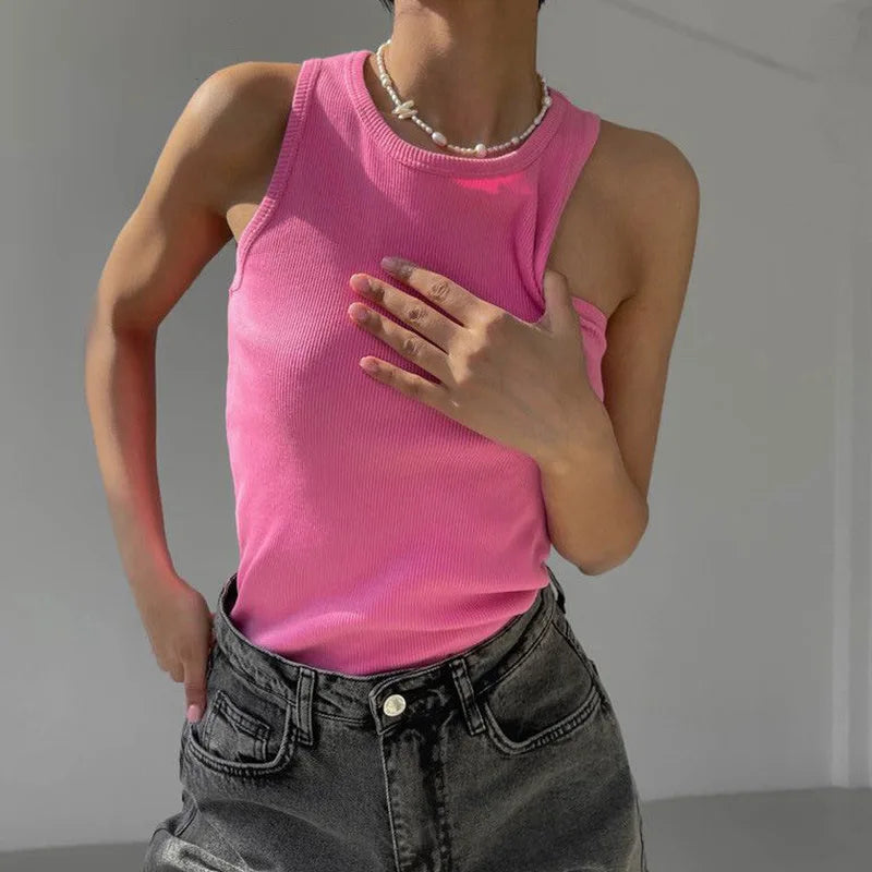 Ribbed Knitted Tops Neck Summer Basic Shirts White Black Casual Sport Vest Off Shoulder Green Women's Tank Top