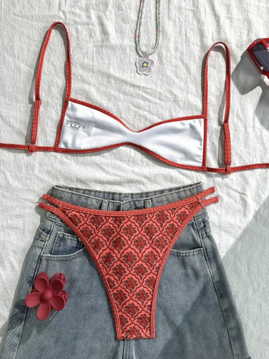 XS - XL Flowers Printed High Leg Cut Bikini Female Swimsuit Women Swimwear Two-pieces Bikini set Bather Bathing Suit Swim Lady