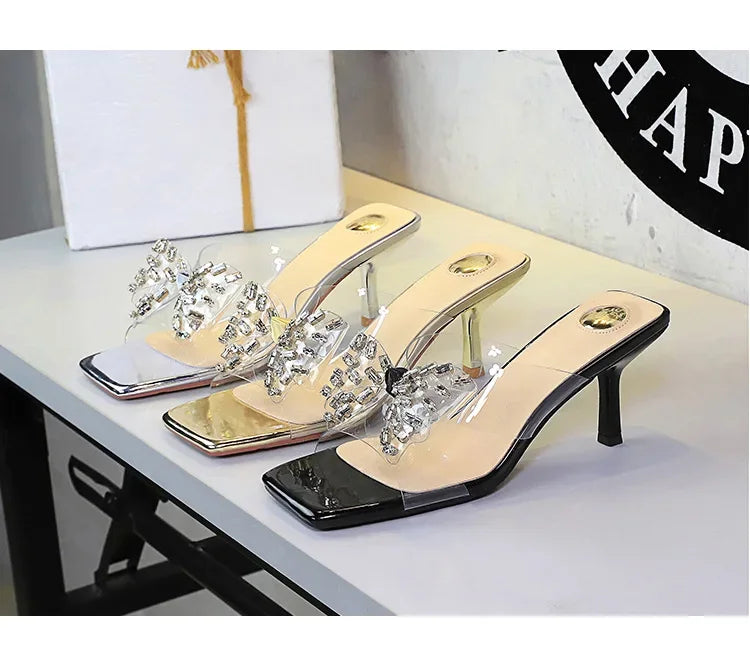 BIGTREE New Crystal Slippers Shoes Women Fine High Heels Transparent Sandals Female Slippers Sexy Outside Beaded Beach Shoes