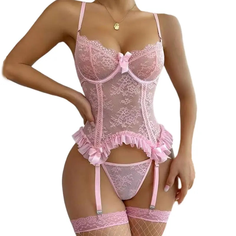 Thin Women Pajama Set Sexy Lingerie Lace Hollow Crotchless Bodysuit Teddy Dress Erotic Costumes Deep V Open Garter Underwear Set