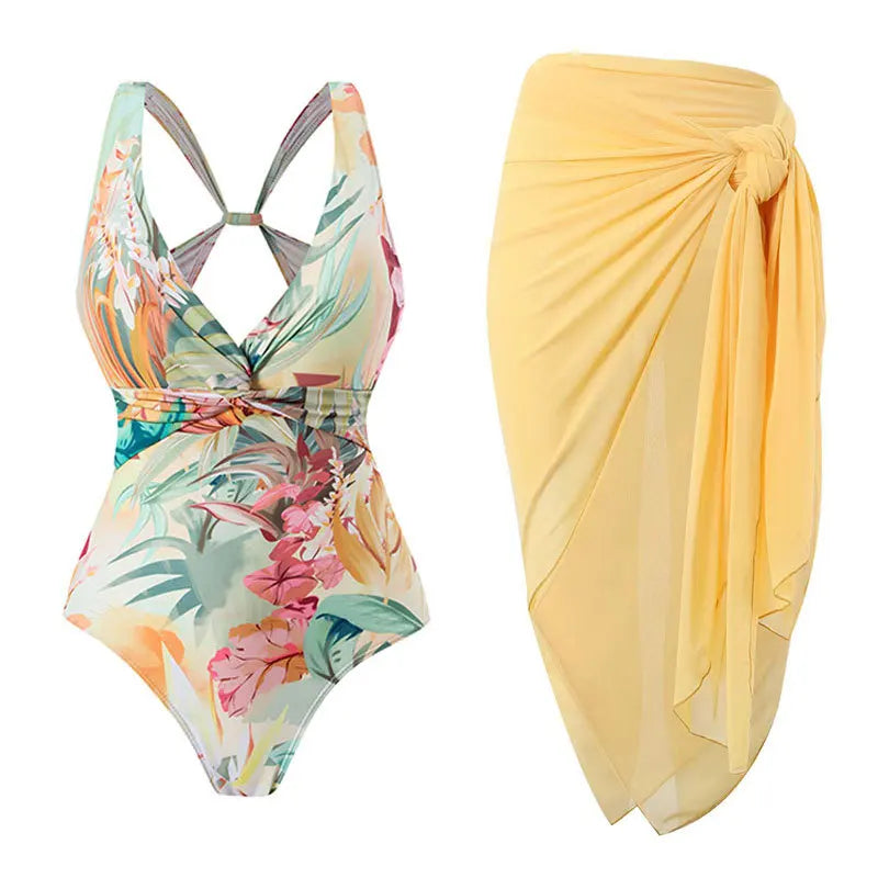 2 Pieces Retro Printed Swimsuit With Cover Up Sexy Women Swimwear 2025 V Neck Bikinis Female Biquini 3XL Bodysuit Beachwear