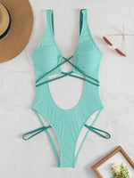 New Sexy One Piece Swimsuit Swimwear Women Pit Striped Hollow Backless Cross Straps Solid Beachwear Bathing Suit Banadores Mujer